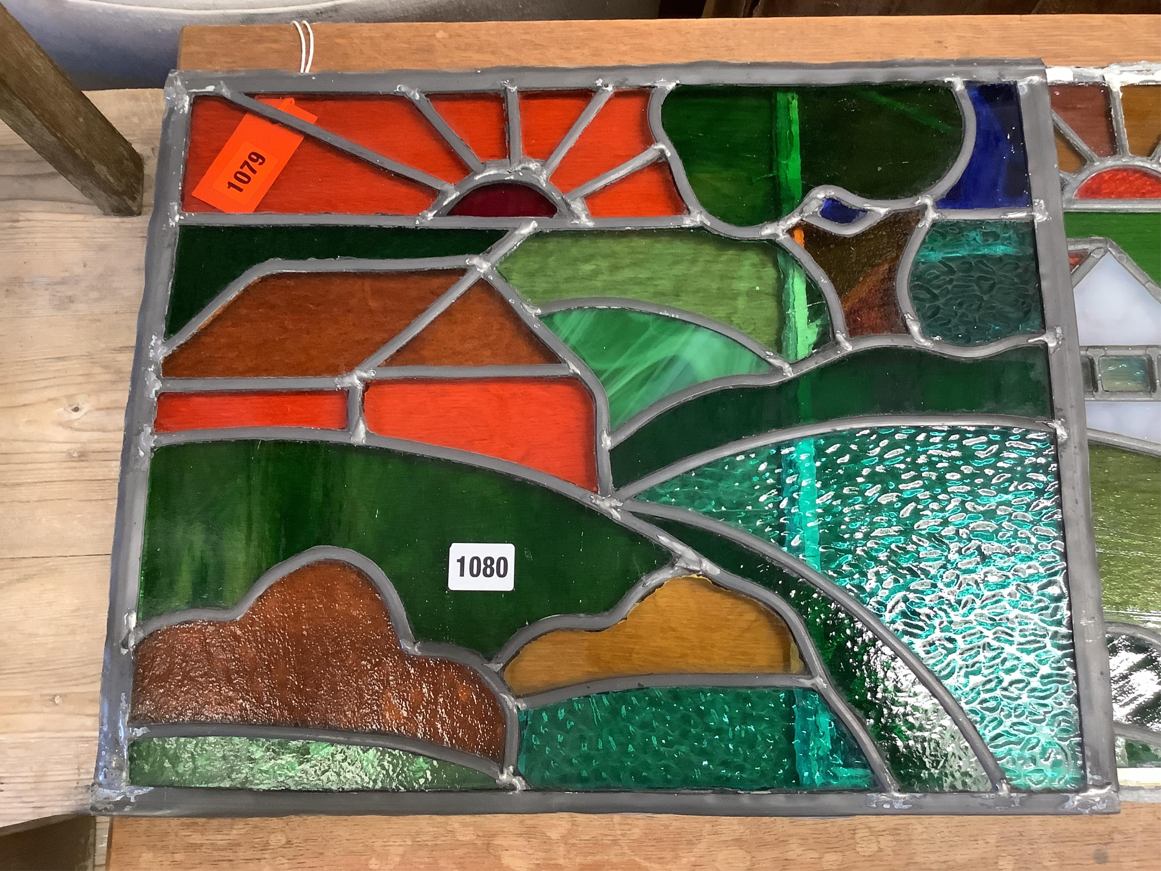 Two leaded stained glass panels, 46 x 38cm